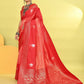 Joban Fashion Peach & Red Plain With Weaving Border Banarasi Silk Sarees | Swadesiicart