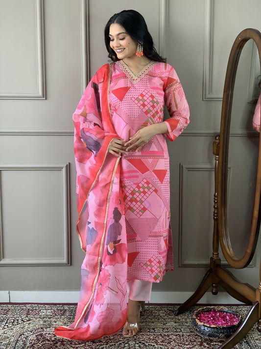 Multi Pink Viscose Chanderi Stitched Suit With Dupatta - Tanisha | Swadesiicart