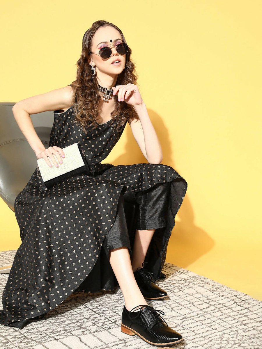Ahalyaa Women Black Colour Poly Silk Gold Printed Kurta Pant Set | Swadesiicart