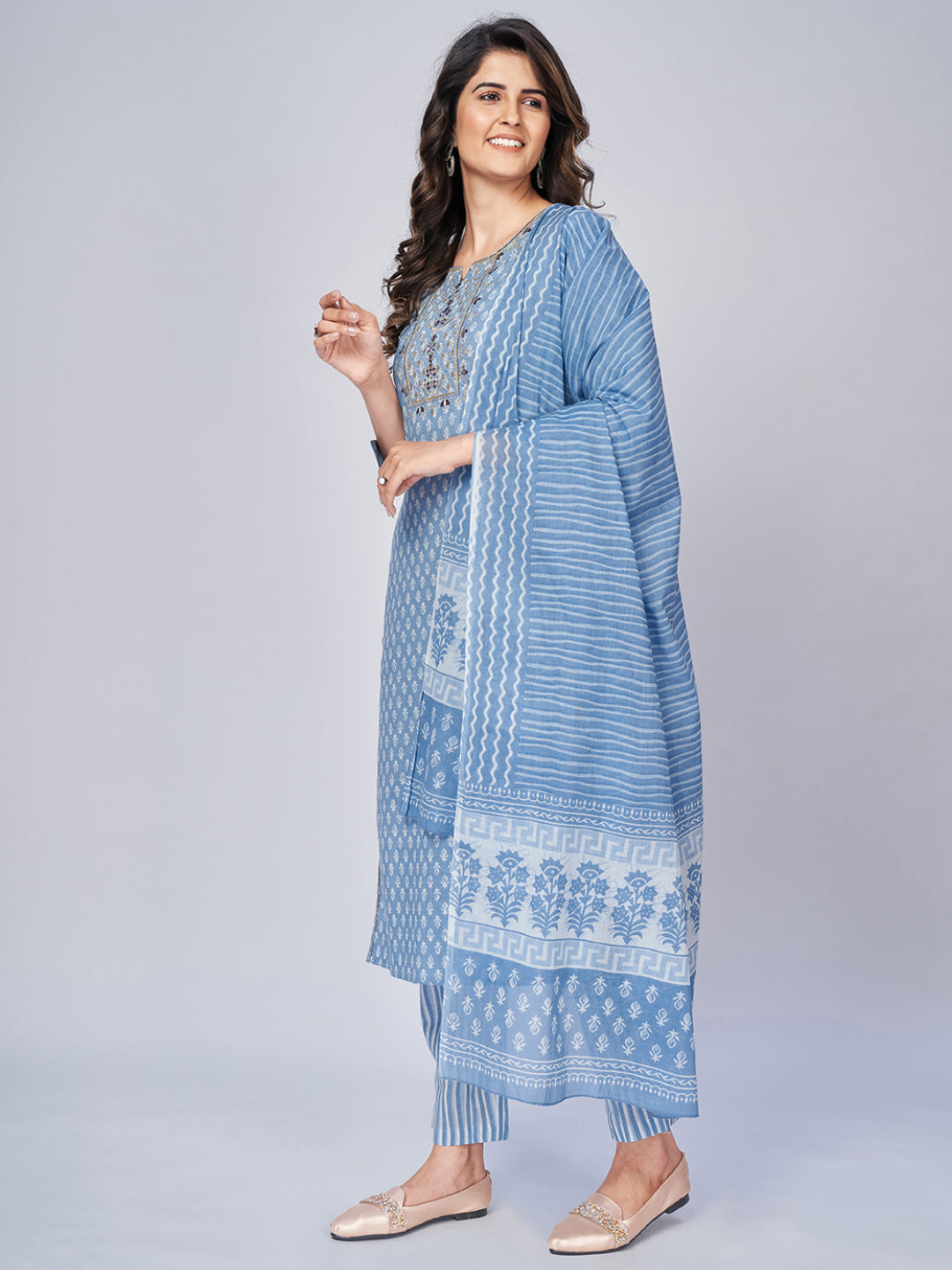 NOZ2TOZ Women's Printed & Embroidered Straight Cotton Sky Blue Kurta Pant With Dupatta (3Pcs Set) - Swadesiicart
