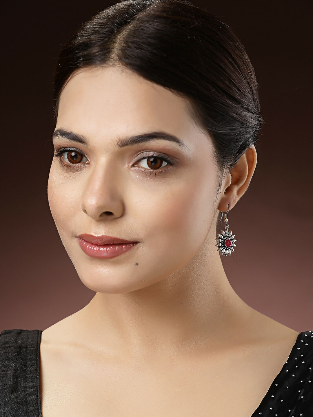 NVR Women's Silver-Toned Artificial Stones German Silver Oxidised Drop Earrings | Swadesiicart