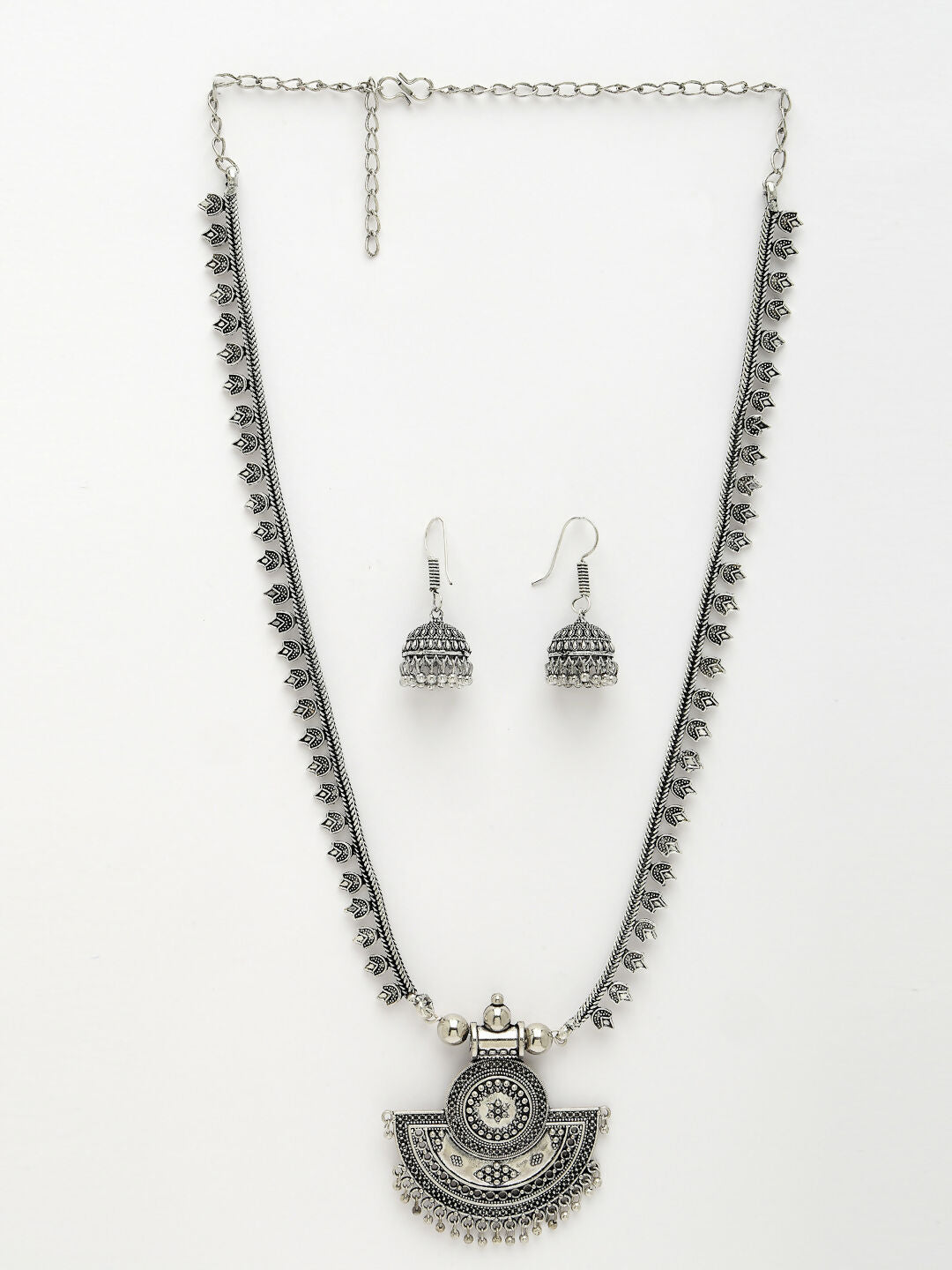 NVR Women's Silver-Toned German Silver Oxidised Necklace with Jhumka Earrings - Swadesiicart