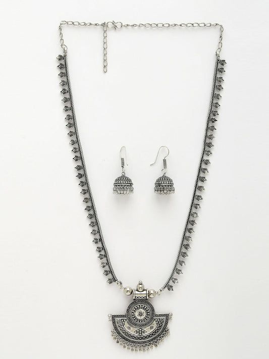 NVR Women's Silver-Toned German Silver Oxidised Necklace with Jhumka Earrings - Swadesiicart