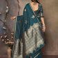Joban Fashion Teal Floral Motifs Banarasi Silk Sarees | Swadesiicart