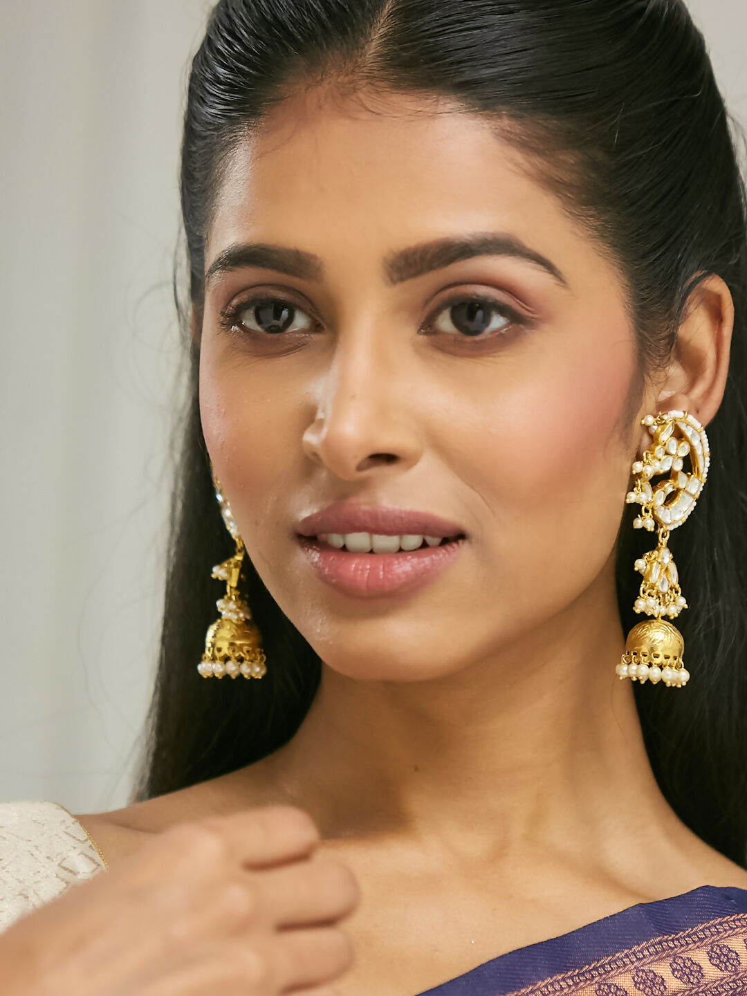 Nuyug 22K Gold-Plated Elegant Kundan Stone Studded & Pearl Drops Mini Jhumki Dangler Earrings | Swadesiicart