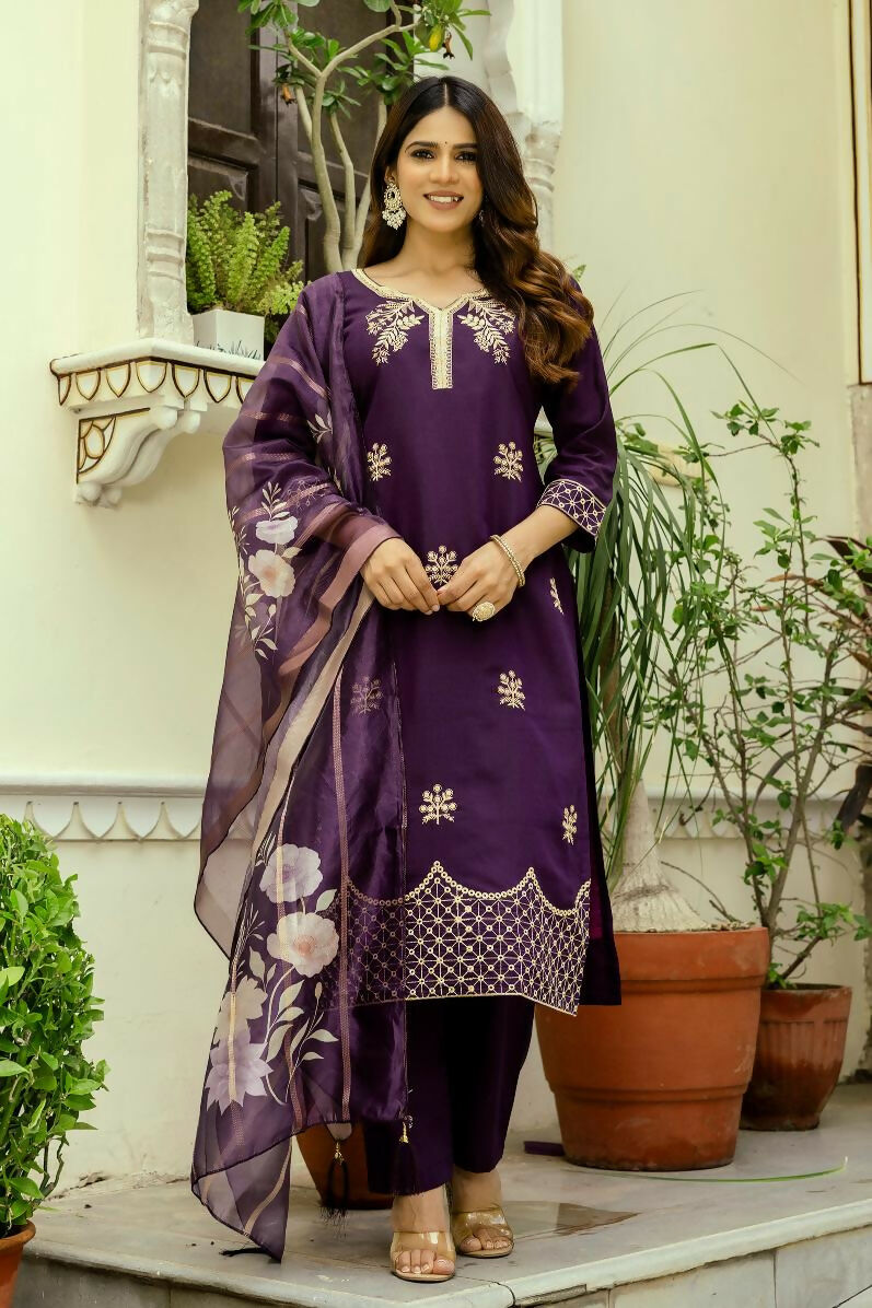 The52 Wine Women's Beautiful Viscose Chanderi Fabric Thread Work Straight Kurta Pant and Dupatta Set - Swadesiicart