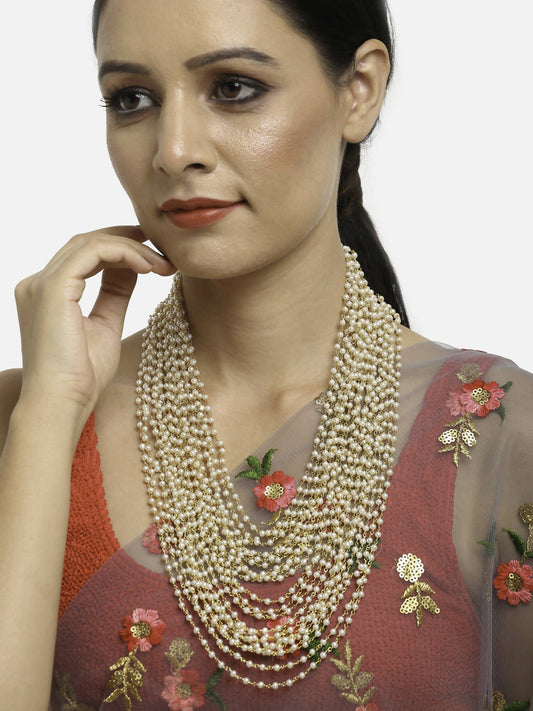 Gold-Toned White Gold-Polished Pearls Layered Handcrafted Necklace - Ruby Raang | Swadesiicart