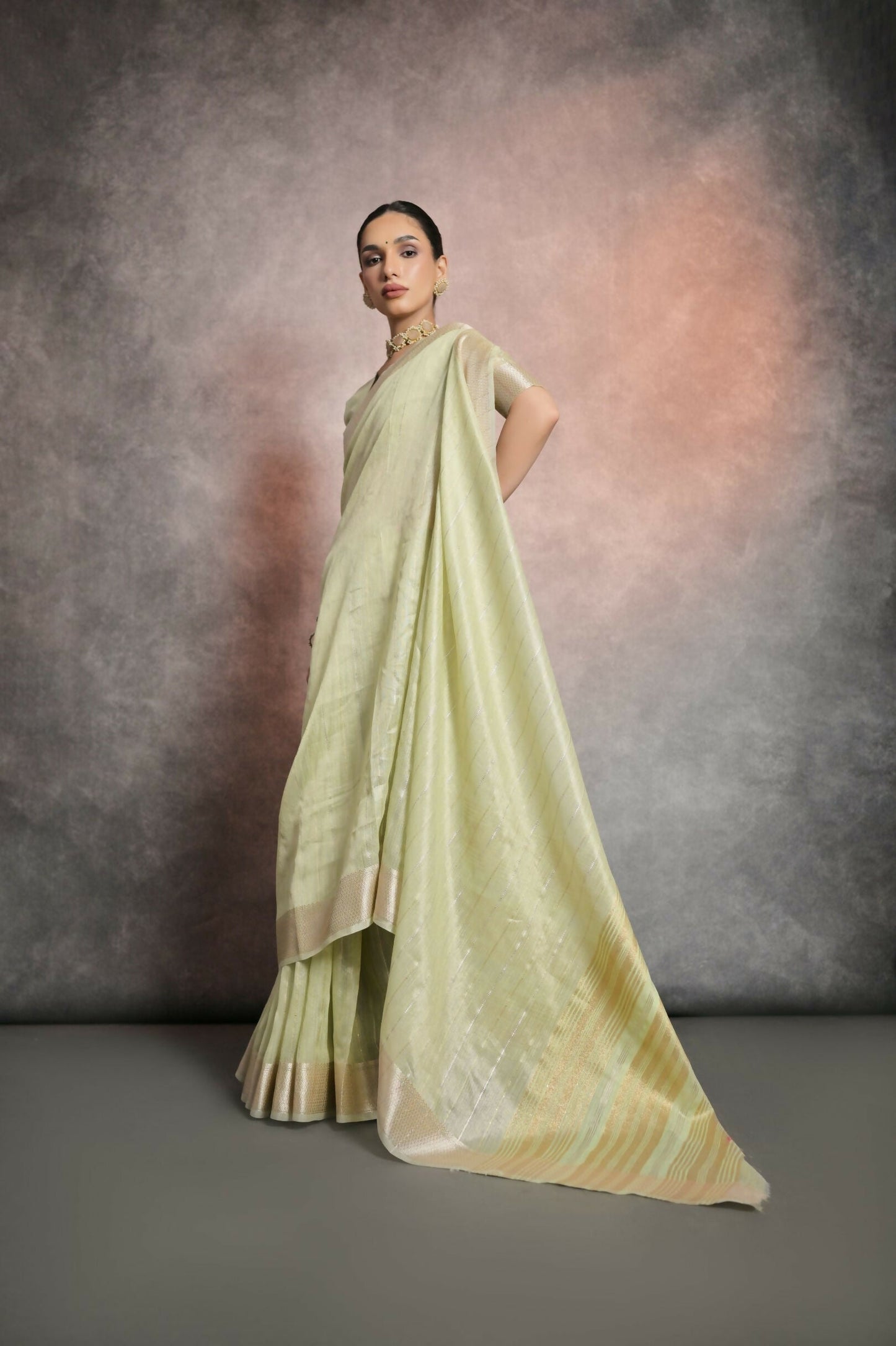 Vishnu Weaves Women's Pista Tissue Linen Zari Woven Saree with Blouse - Swadesiicart