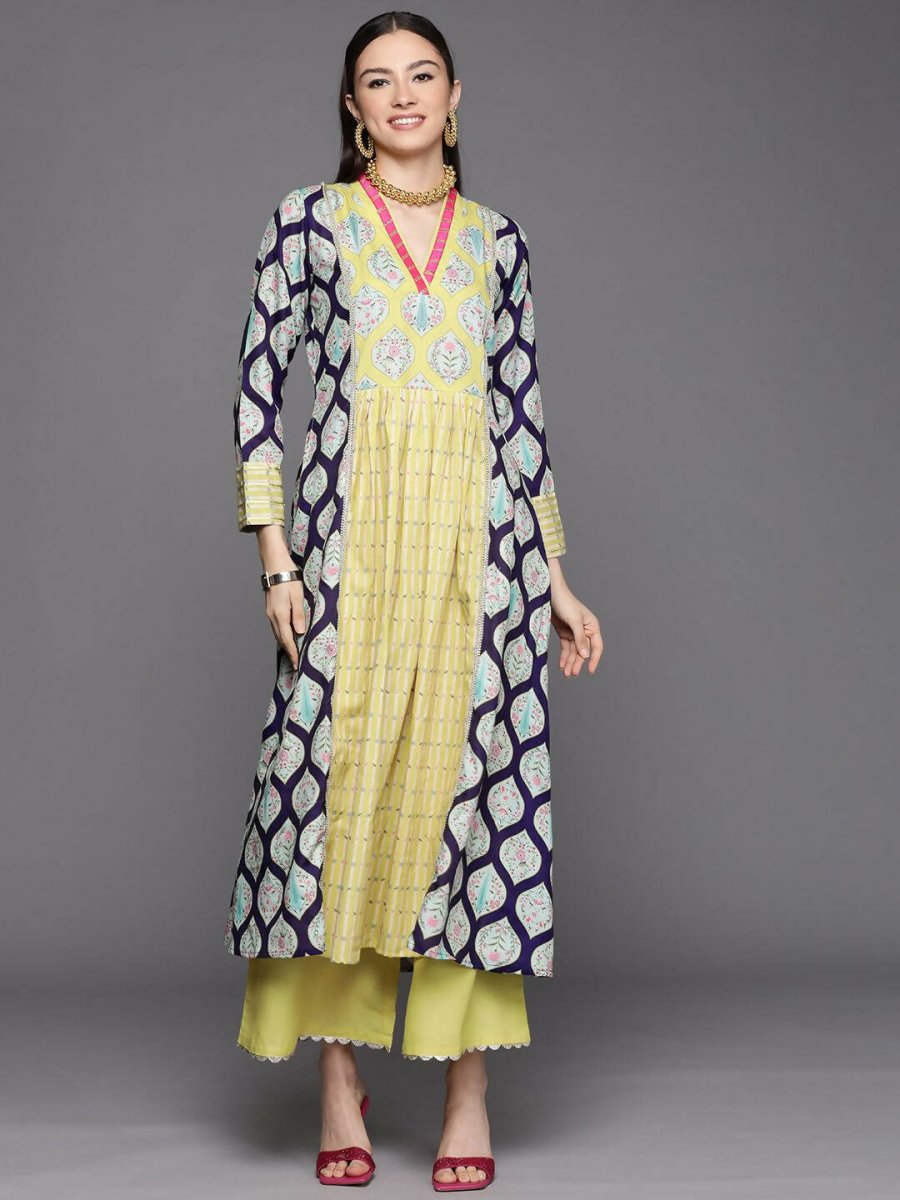 Ahalyaa Womens Yellow Cotton Digital Printed Kurta Palazzo Set | Swadesiicart