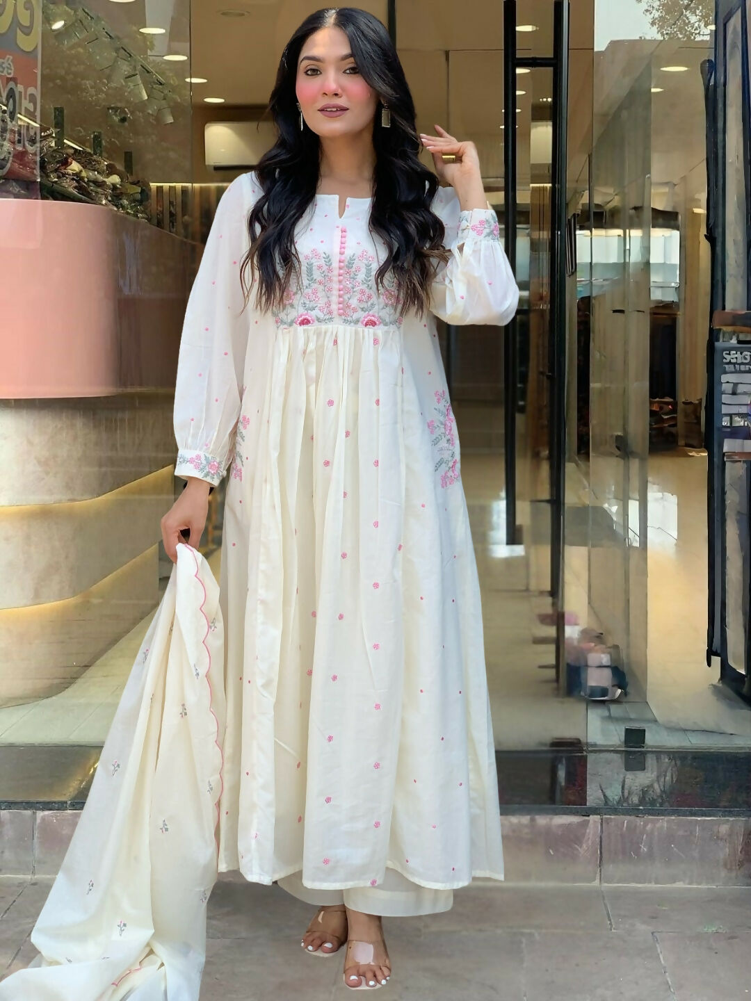 The52 White Women's Beautiful Cotton Fabric Thread Work Straight Kurta Pant and Dupatta Set - Swadesiicart