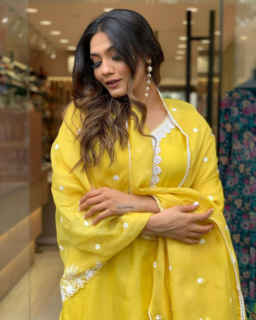 The52 Yellow Women's Gorgeous Embroidered Georgette Fabric Straight Kurta Pant with Dupatta Set - Swadesiicart