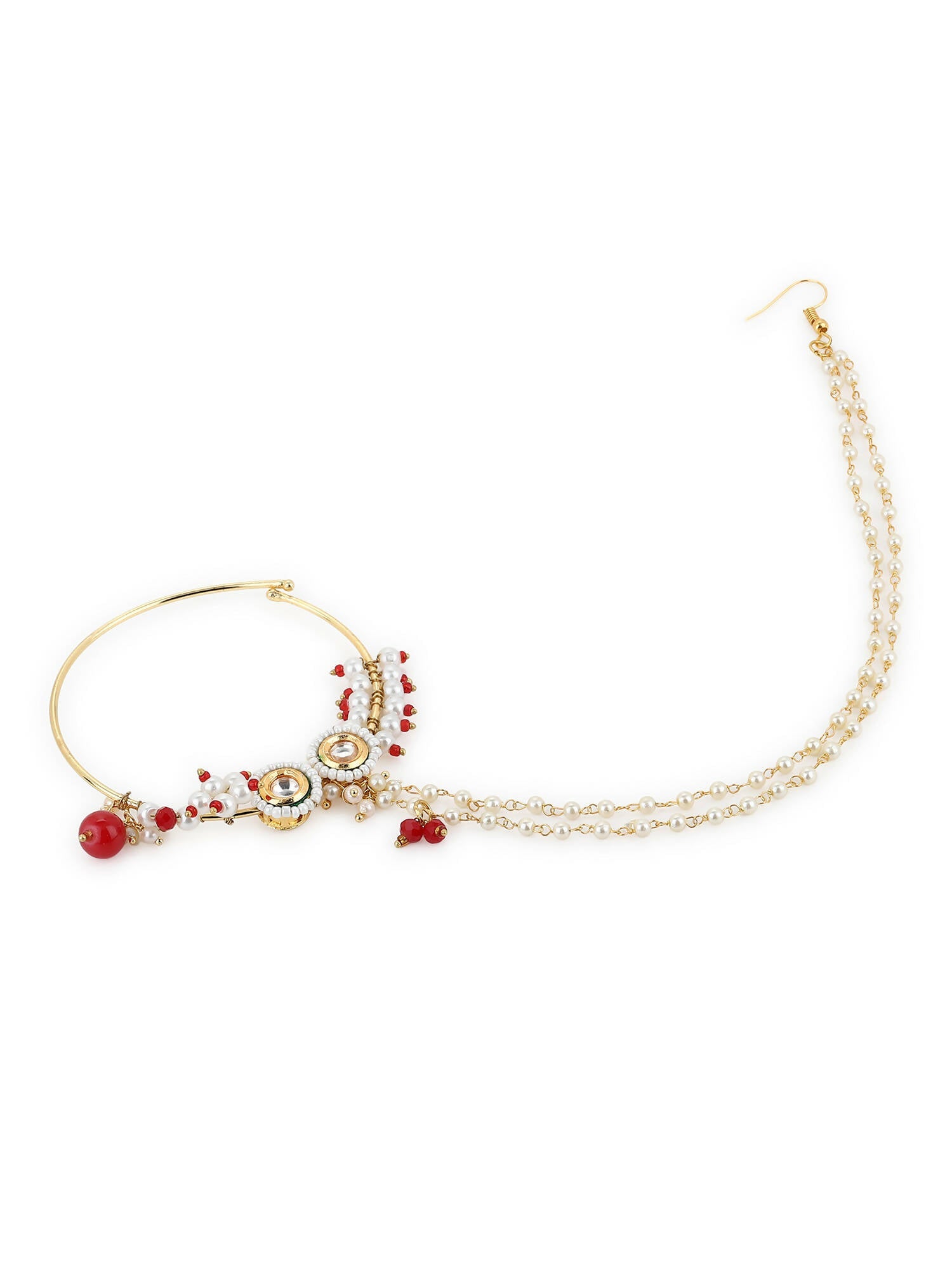 Gold-Polished White Red Kundan Studded Beaded Chained Nose Ring - Ruby Raang | Swadesiicart
