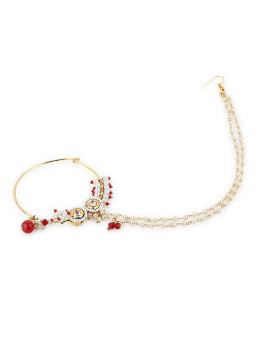Gold-Polished White Red Kundan Studded Beaded Chained Nose Ring - Ruby Raang | Swadesiicart