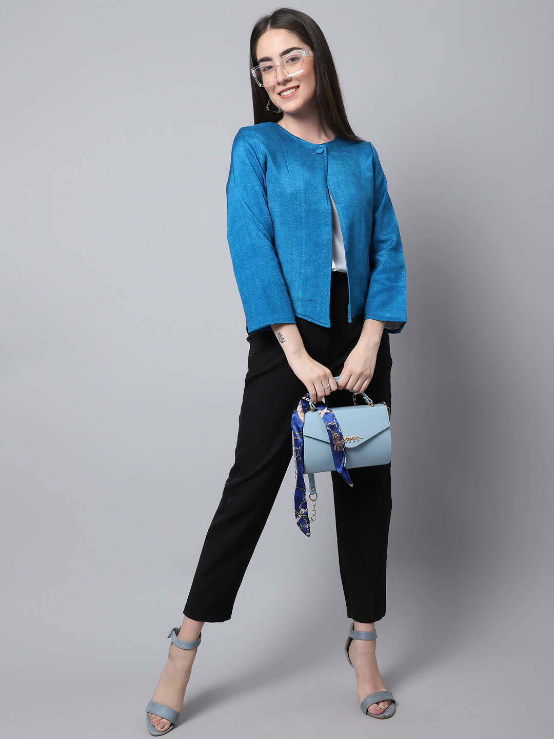Even Apparels Blue 100% Viscose Open Front Statement Women's Jacket | Swadesiicart