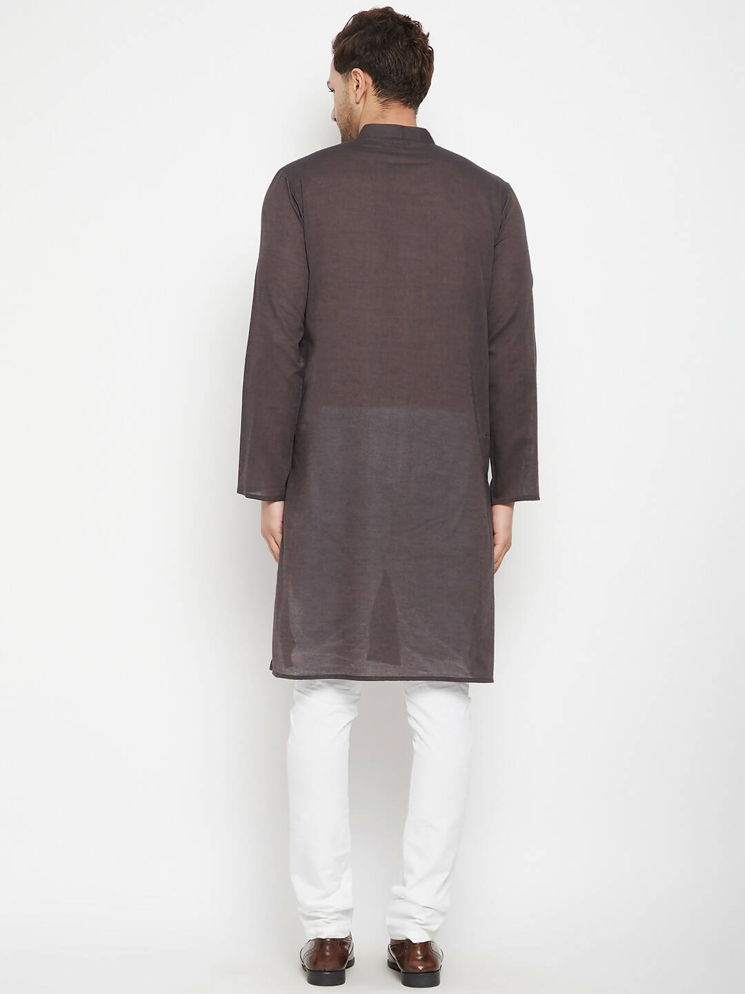 Even Apparels Brown Pure Cotton Long Men's Kurta With Band Collar | Swadesiicart