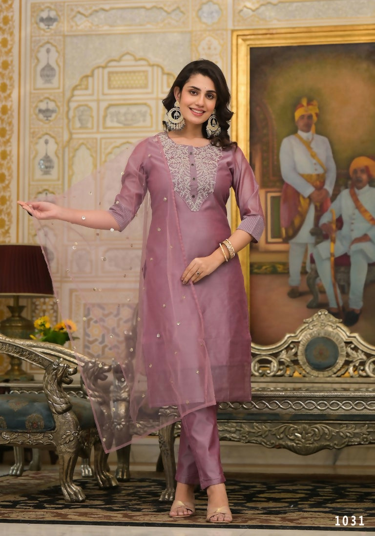 Partywear Designer Rose gold Cotton Silk Stitched Suit With Dupatta - Tanisha | Swadesiicart