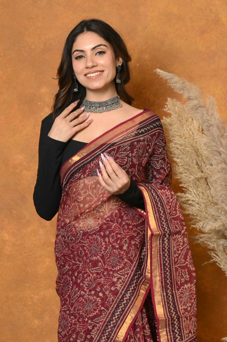 Very Much Indian Pure Kota Cotton Handblock Printed Saree - Red | Swadesiicart