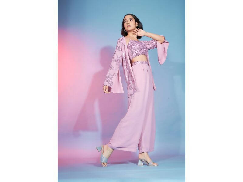 Pink Georgette Sequence With Thread Designer Co-Ord Set - Flory - Swadesiicart