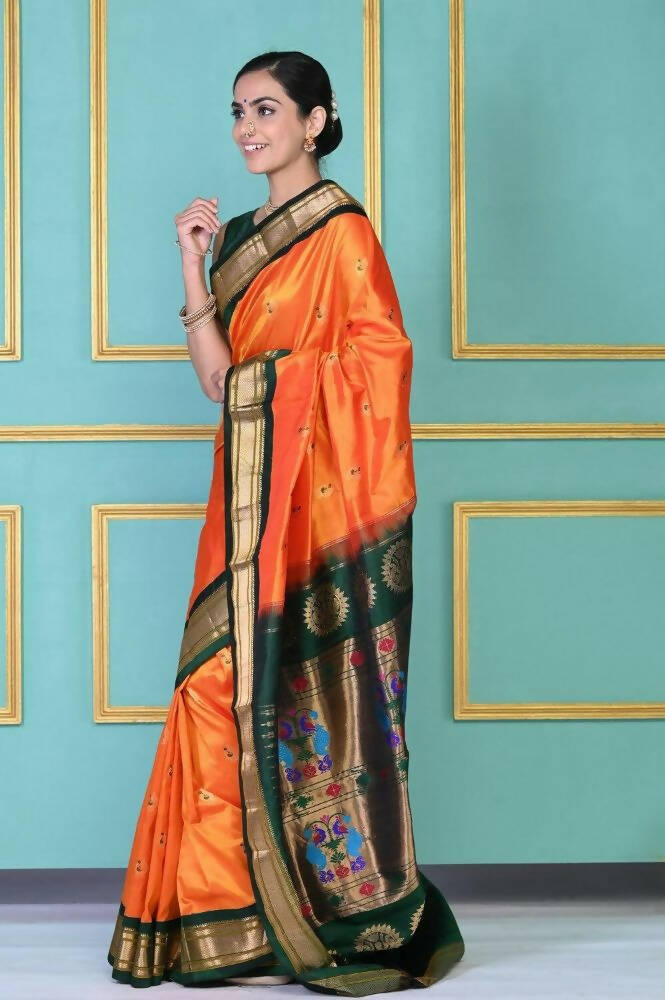 Very Much Indian Authentic Pure Silk Handloom Orange Maharani Paithani | Swadesiicart