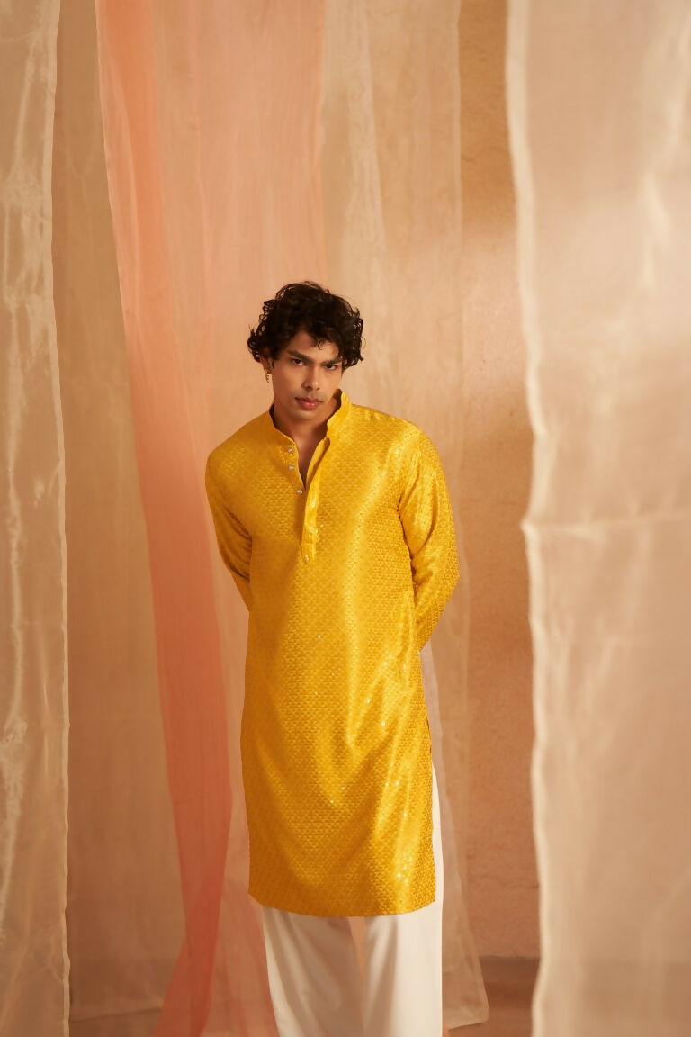 Yellow Viscose Chikankari Embroidery Work Men's Traditional Kurta Set - Mahotsav | Swadesiicart