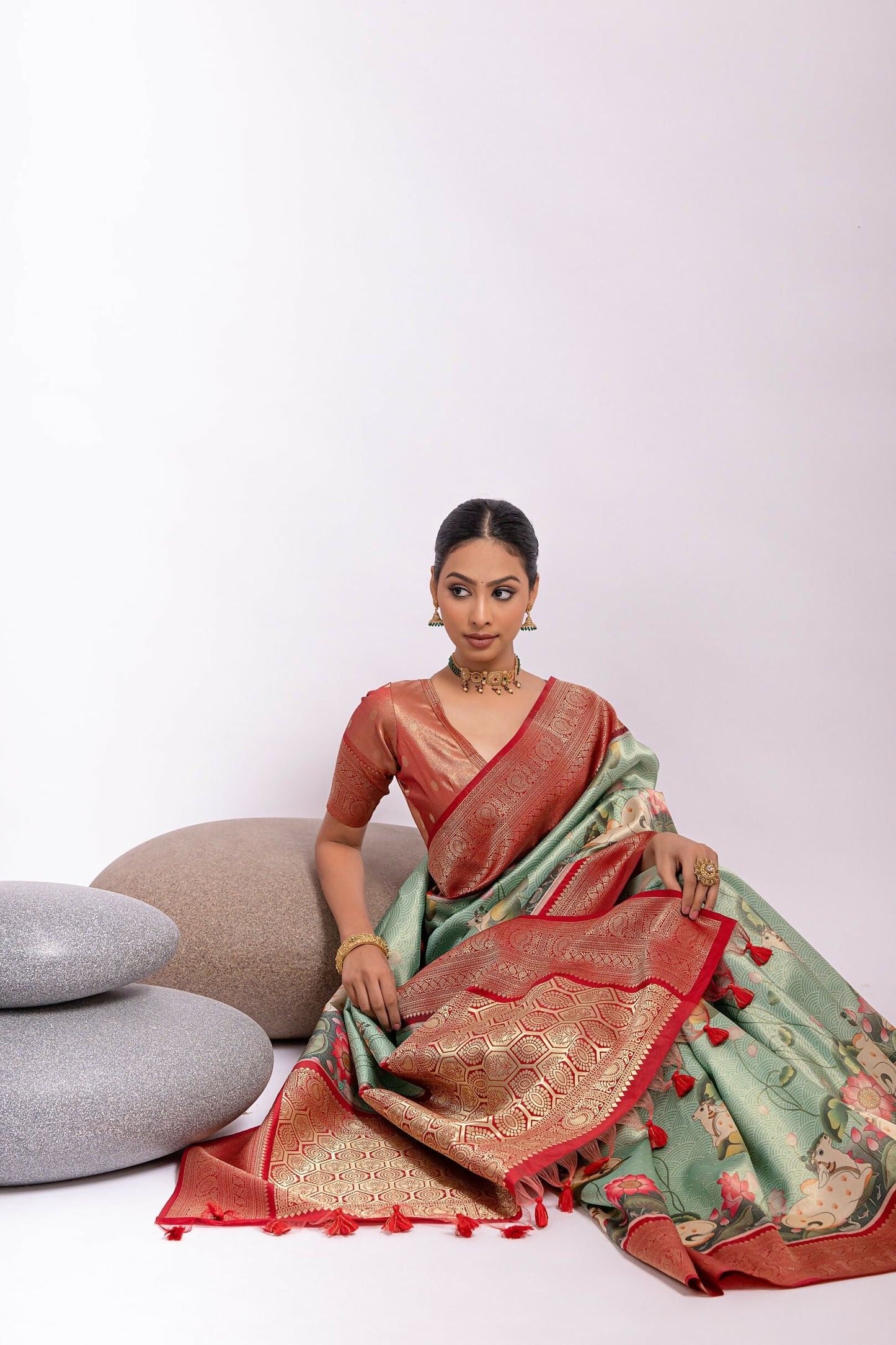 Vishnu Weaves Women's Pista Tissue Silk Zari Woven Saree with Blouse - Swadesiicart