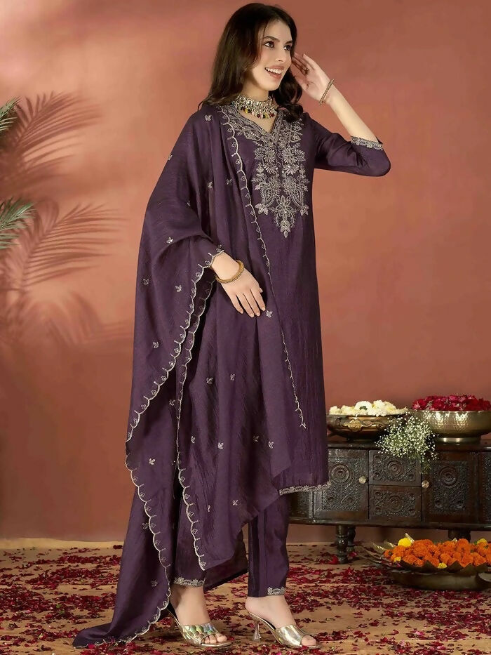 The52 Wine Women's Gorgeous Vichitra Fabric Embroidered Work Straight Kurta Pant and Dupatta Set - Swadesiicart
