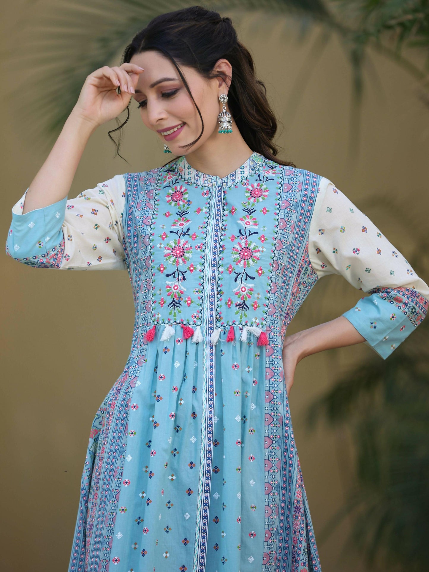 Juniper Women's Skyblue Cambric Printed Flared Dress | Swadesiicart