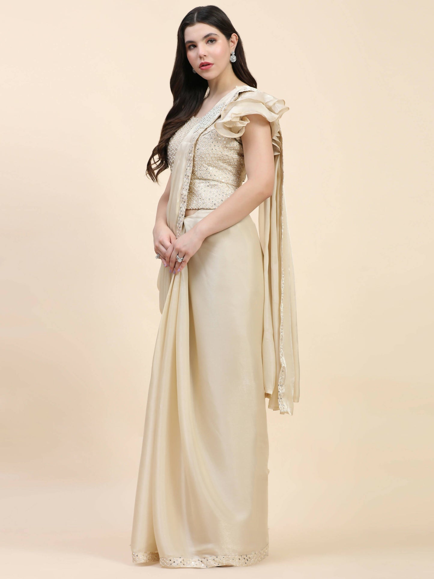 Beige Silk Satin Sequence Work Ready to Wear Saree with stitched Blouse - Nirvana | Swadesiicart
