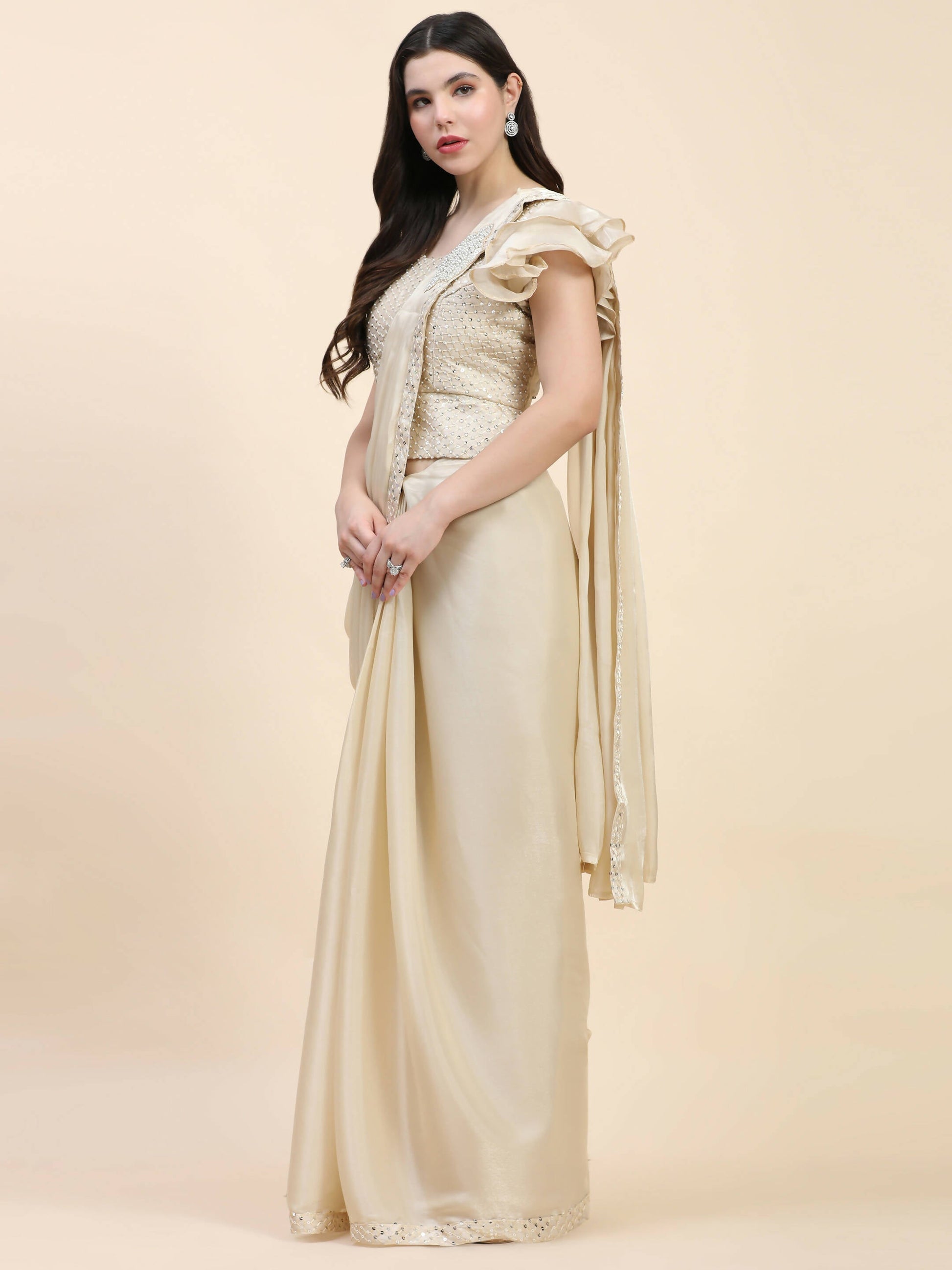 Beige Silk Satin Sequence Work Ready to Wear Saree with stitched Blouse - Nirvana | Swadesiicart