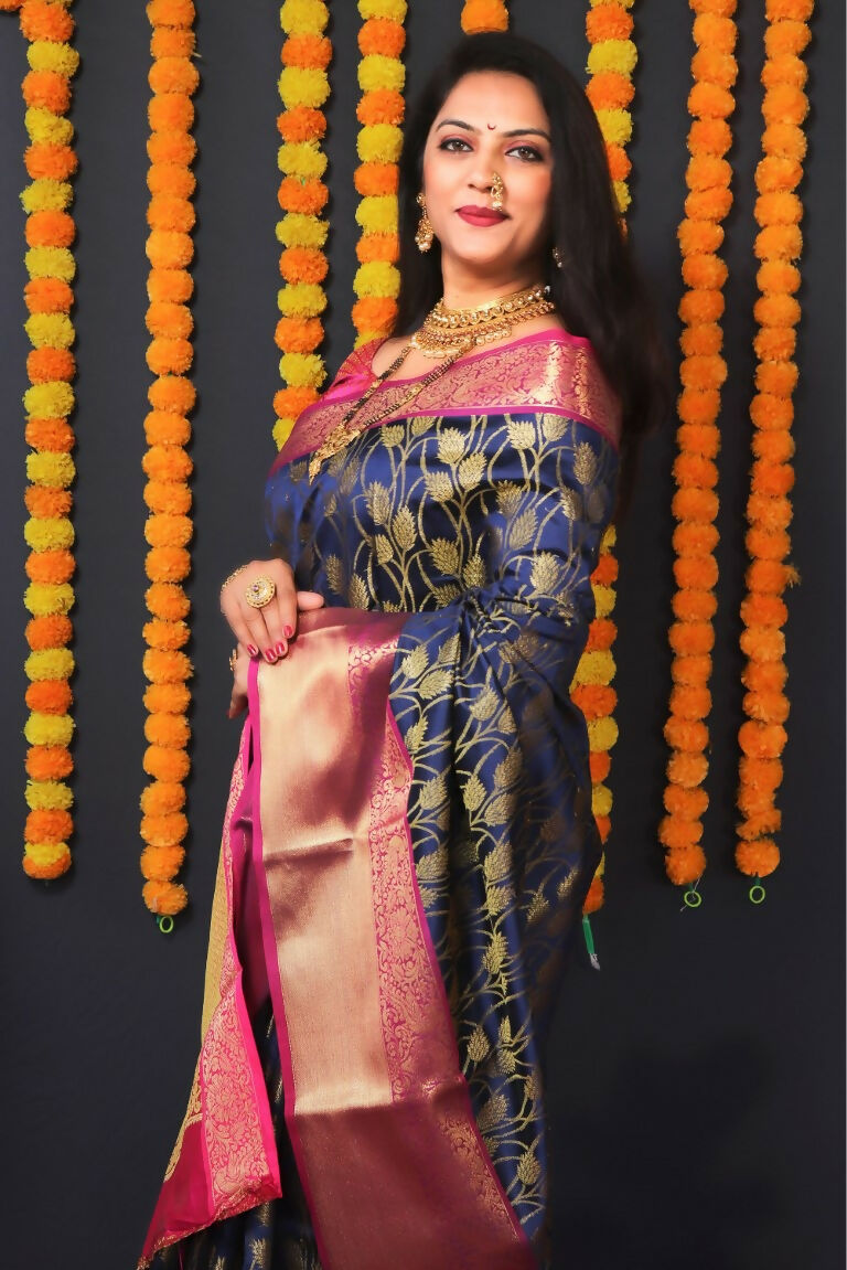 Jyoti Fashion Women's Navy Blue Kanjivaram Silk Zari Woven Saree with Blouse | Swadesiicart