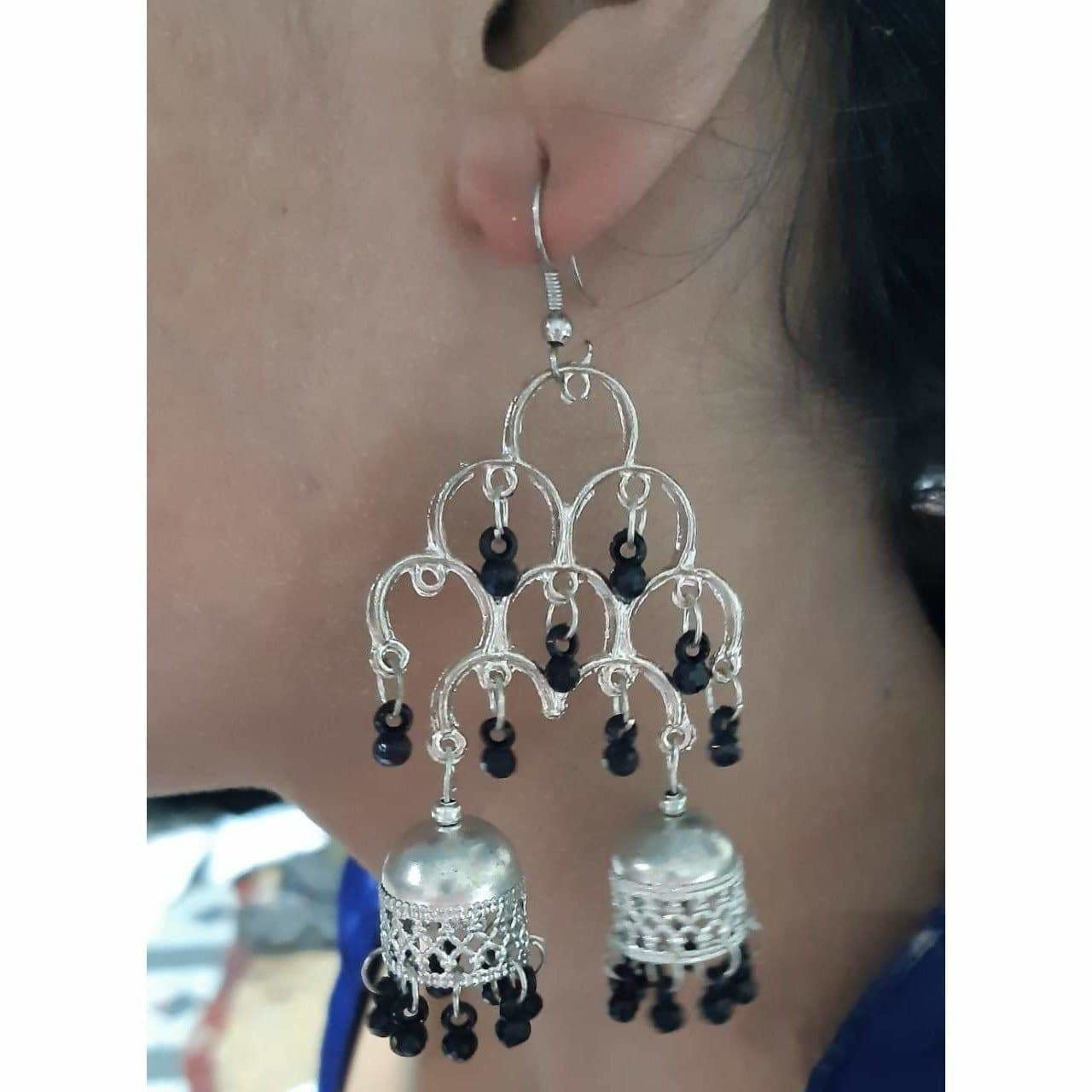 MS Fashion India Silver Oxidized Fashion Traditional Double Jhumka Long Black Pearls Earrings | Swadesiicart