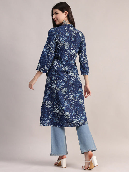 Aavyora Women's Navy Blue Floral Printed Cotton A-Line Kurta with Pintuck Detailing - Swadesiicart