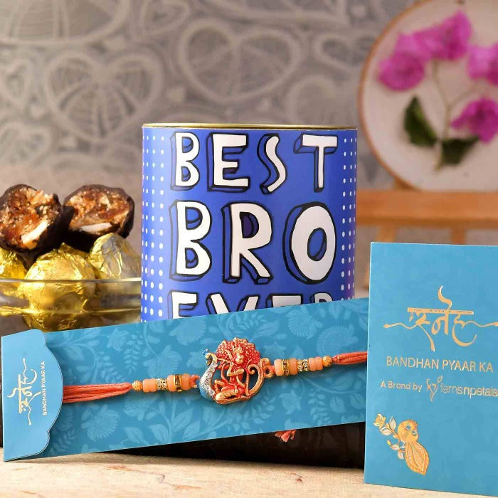 Krishna Raag Rakhi & Chocolate Dipped Khajoor Laddu Combo | Swadesiicart