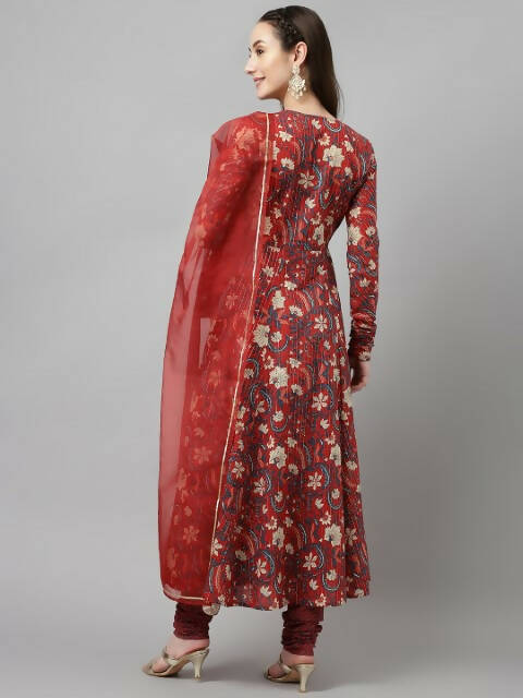 FIORRA Women's Maroon Pure Cotton Flared Kurta Pant With Dupatta - Swadesiicart