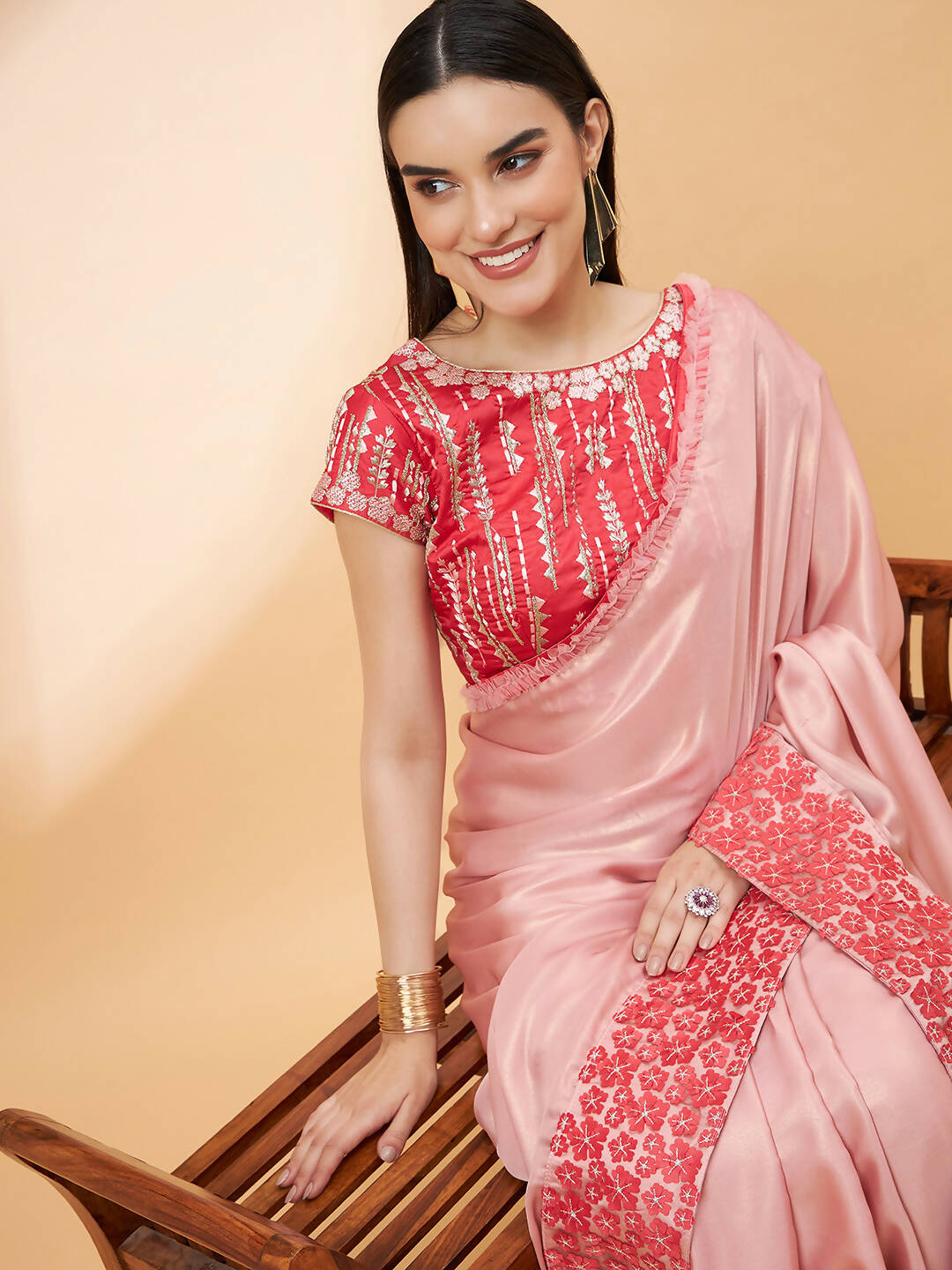 Light Pink Satin Georgette Laser Cut Floral Embroidery , Resham, Zari And Cord Embroidery Saree - Norita Hit Design - Swadesiicart