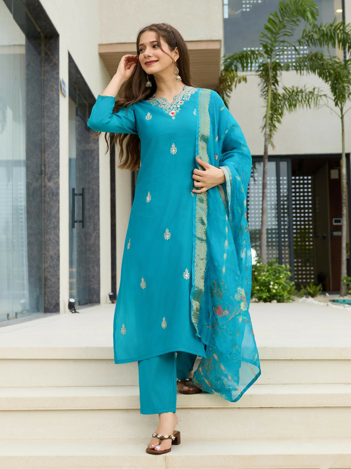 The52 Blue Women's Gorgeous Viscose Fabric Embroidered Work Straight Kurta, Pant and Dupatta Set - Swadesiicart