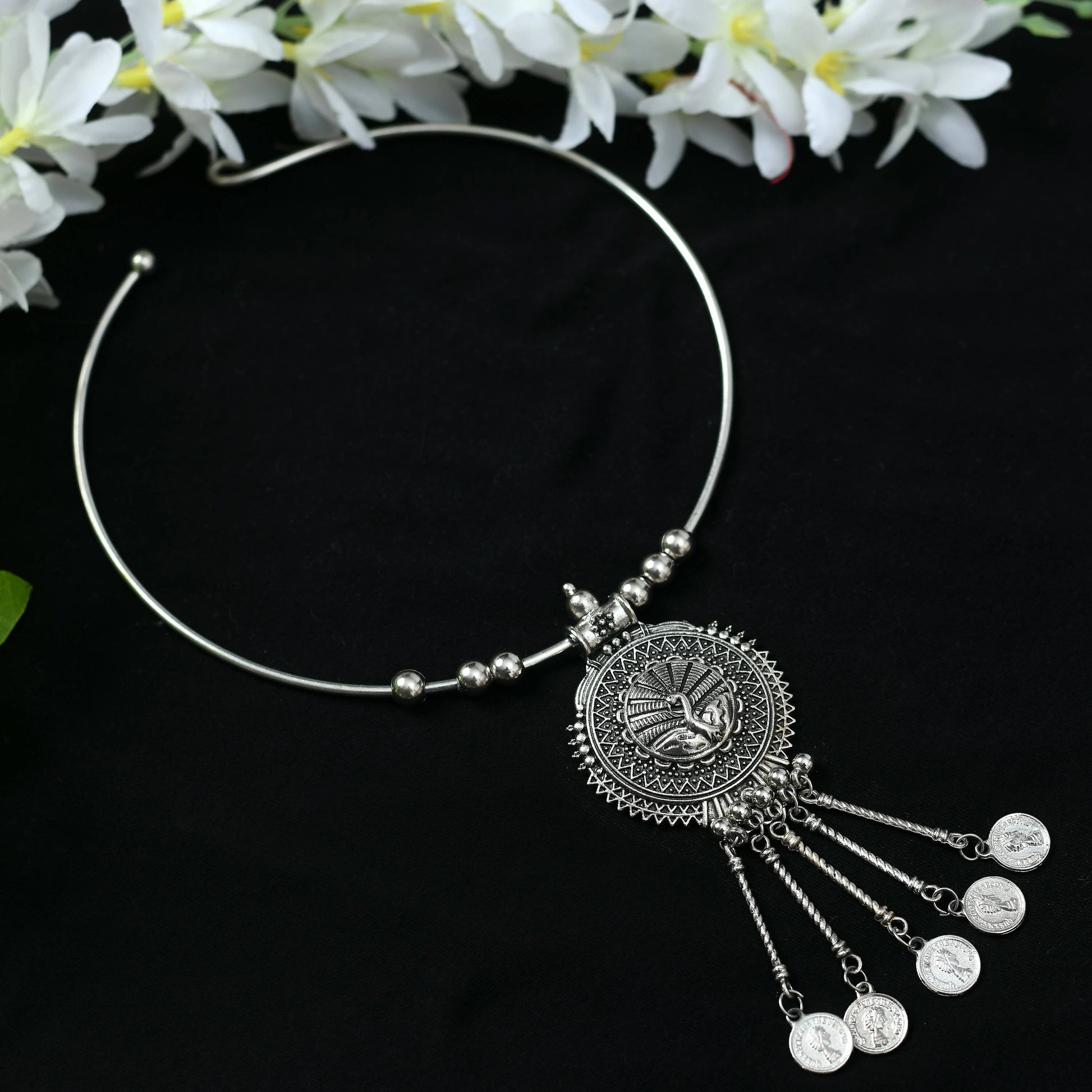 Mominos Fashion Johar Kamal Oxidised Silver-Plated Hasli Design Necklace Choker For Women | Swadesiicart