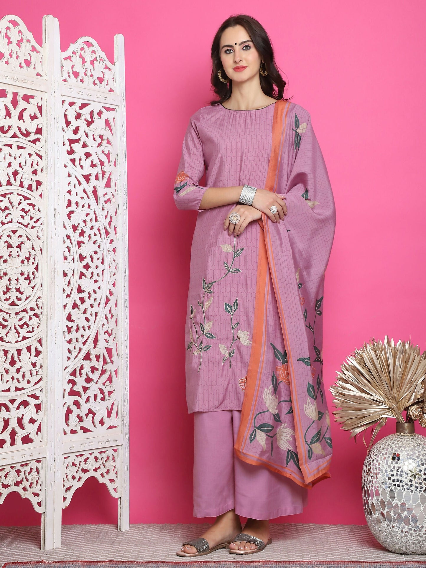 Jyoti Fashion Women's Purple Muslin Floral Print with Jari & Crystal work Kurta with Trouser & Dupatta | Swadesiicart