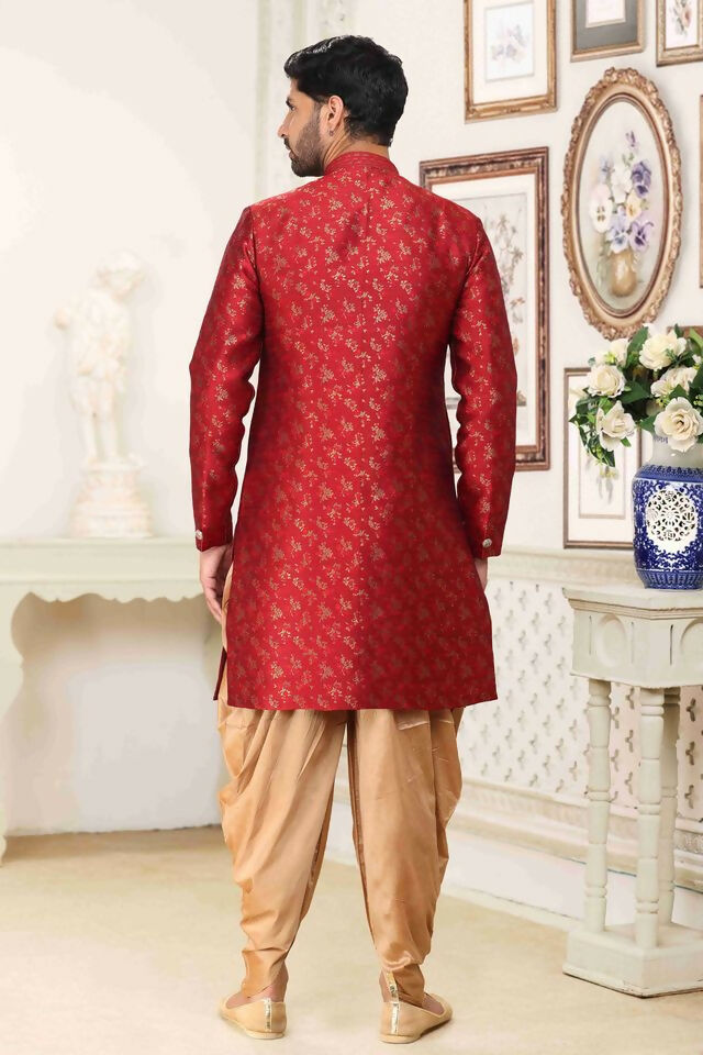 Raivat Ethnic Banarasi Jacquard Embroidery Semi Indo Western Sherwani In Maroon Colour | Swadesiicart