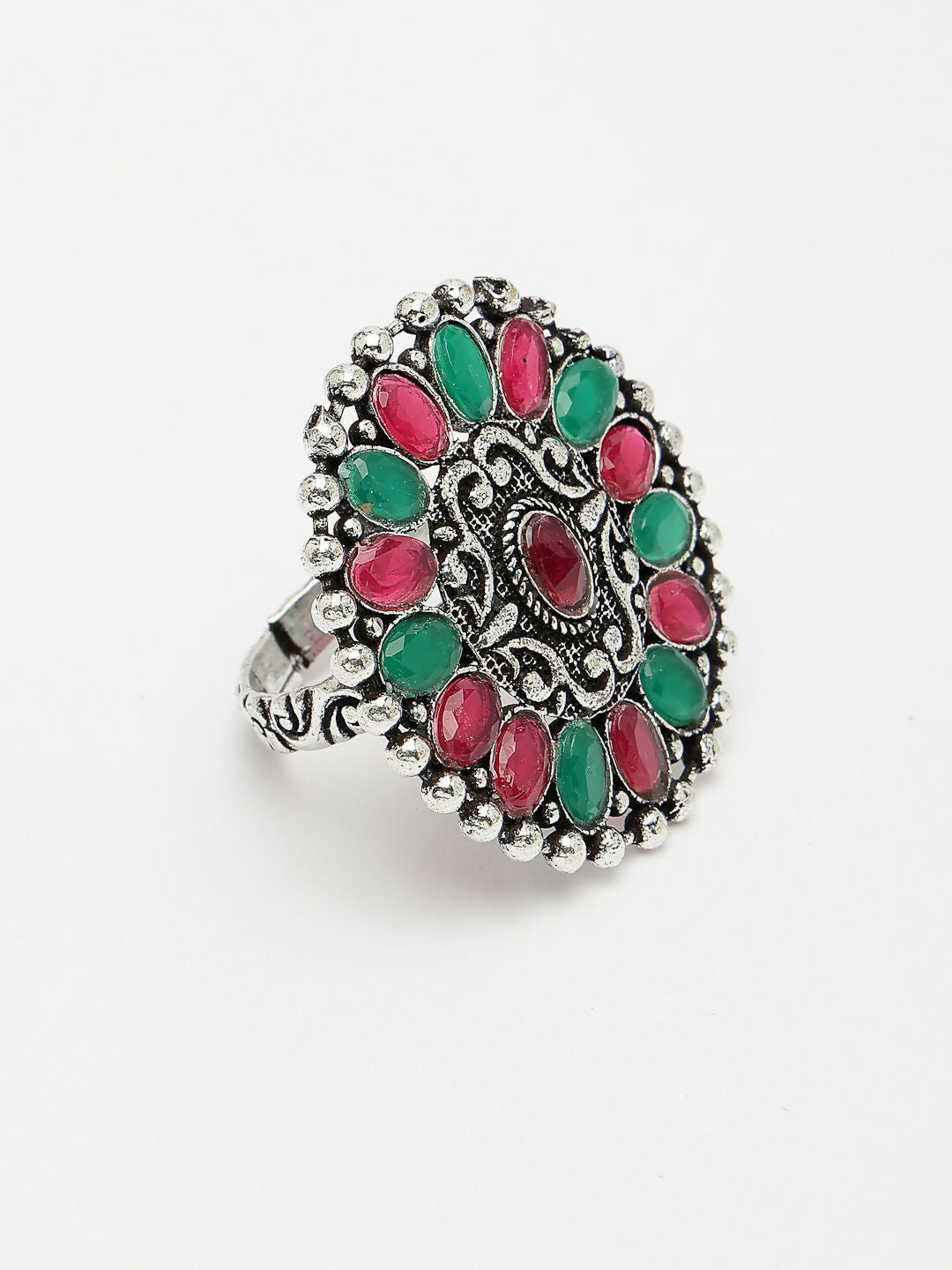 NVR Women's Multicolor Silver-Plated Circular Shape Adjustable Finger Ring | Swadesiicart