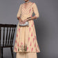 Ahalyaa Women Cream-Coloured & Pink Floral Print Pure Cotton Anarkali Kurta with Palazzos | Swadesiicart