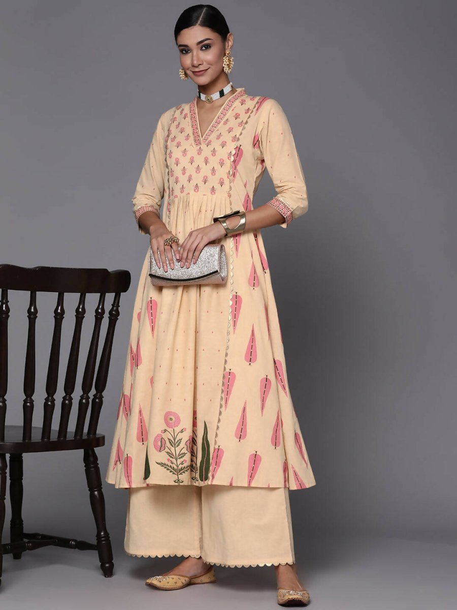 Ahalyaa Women Cream-Coloured & Pink Floral Print Pure Cotton Anarkali Kurta with Palazzos | Swadesiicart