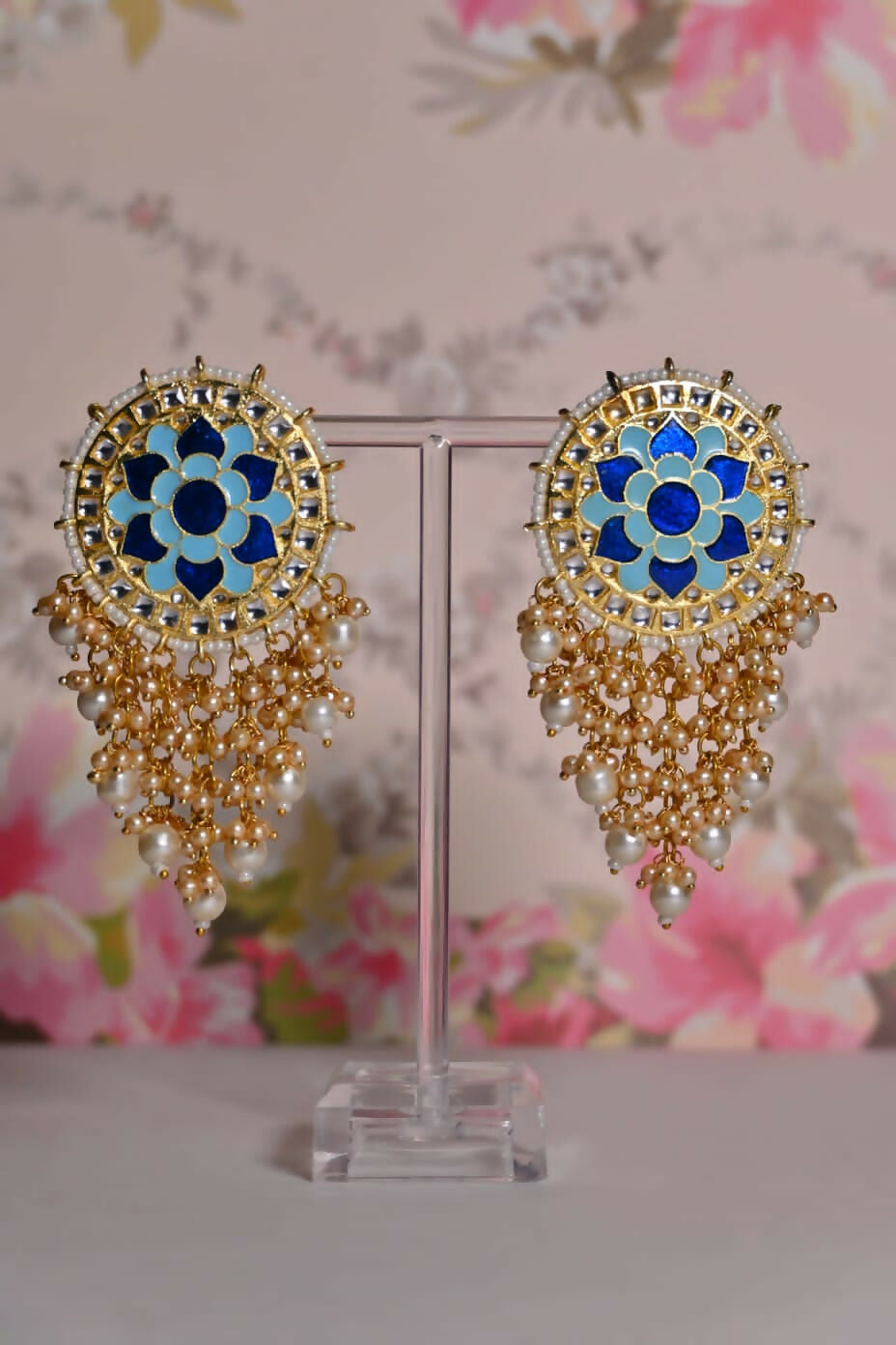 Blue Mandala Flower Hand Painted Bridal Earrings By House of Ree - Swadesiicart