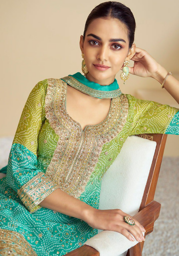 Lorenvalley Fashion Green and Teal Chinon Embroidery With Sequince Work Salwar Kameez Stitched | Swadesiicart