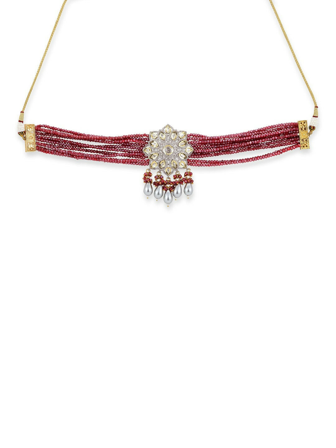 Maroon Kundan Choker with Pearl Drops- Ruby Raang | Swadesiicart