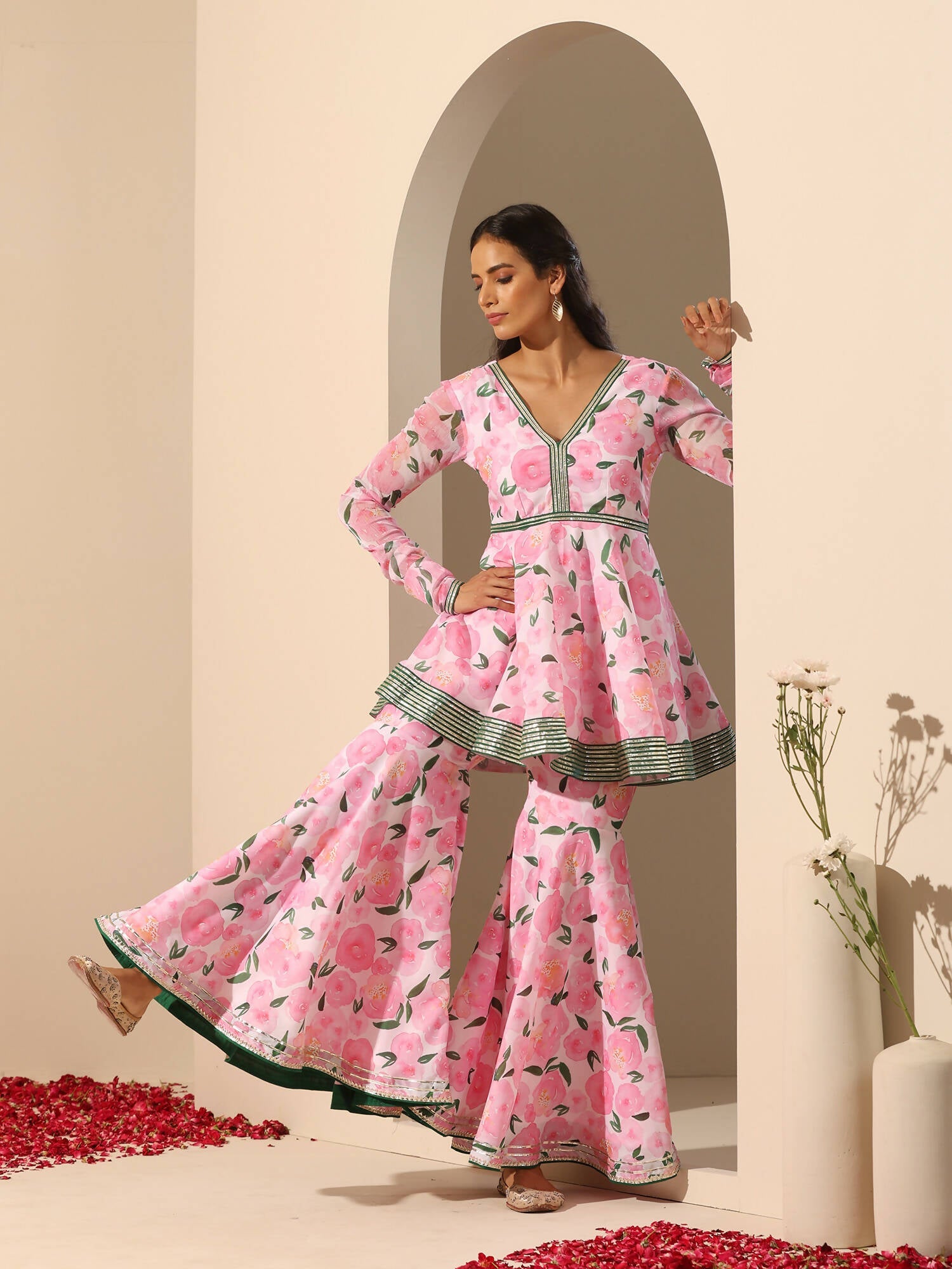 Pomcha Jaipur Pink Gul Rozi Sharara Set | Swadesiicart