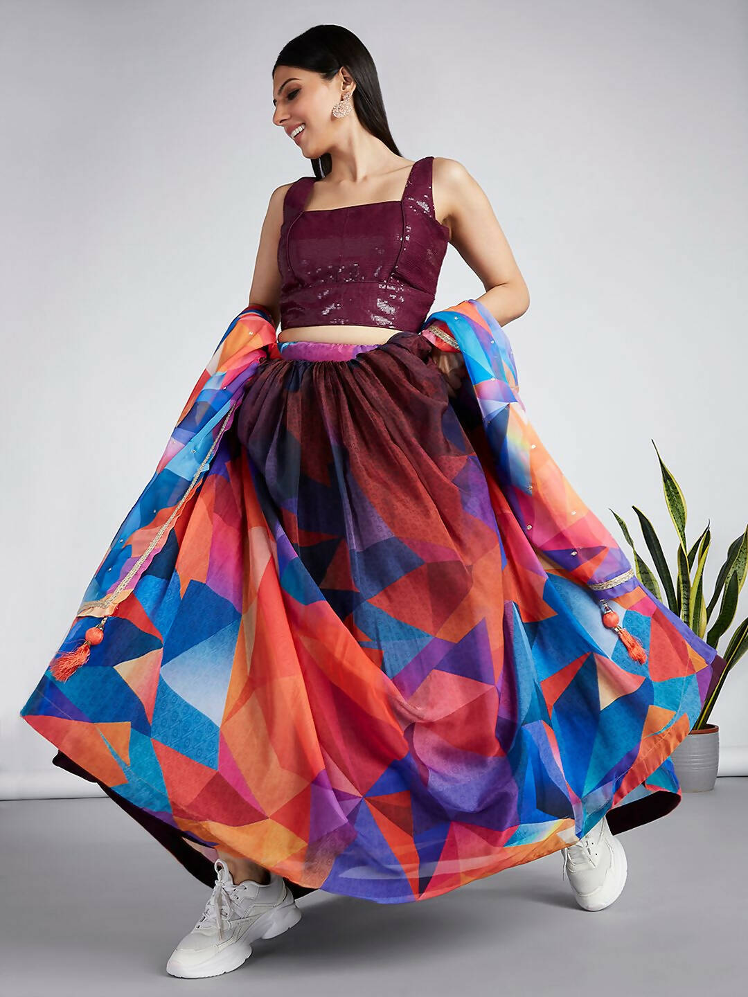 House of Panchhi Multi colour Organza Abstrack design digital print Semi-Stitched Lehenga choli & Dupatta | Swadesiicart