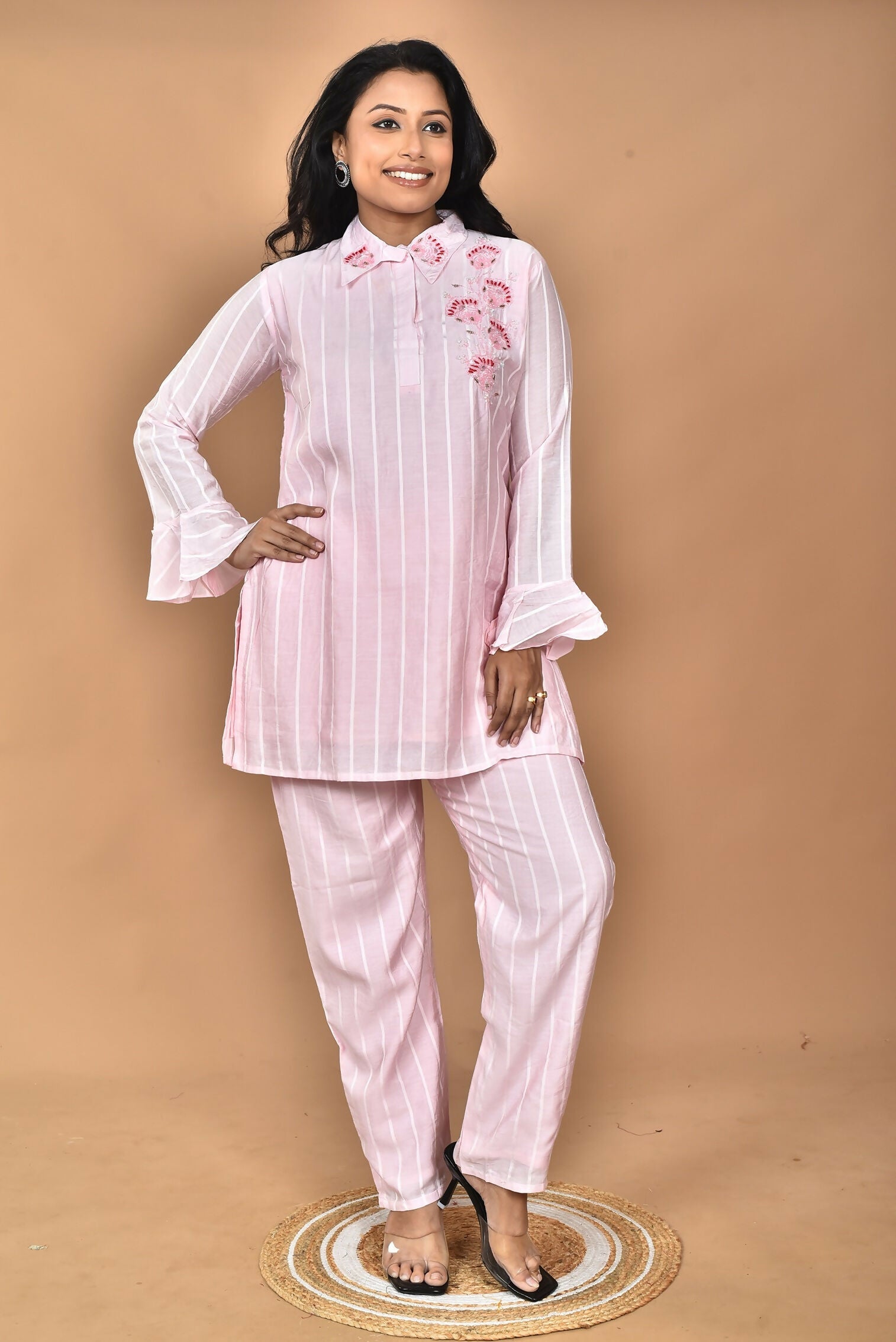 Morchari Women And Hand Embroidery Co-Ords-Pink - Swadesiicart