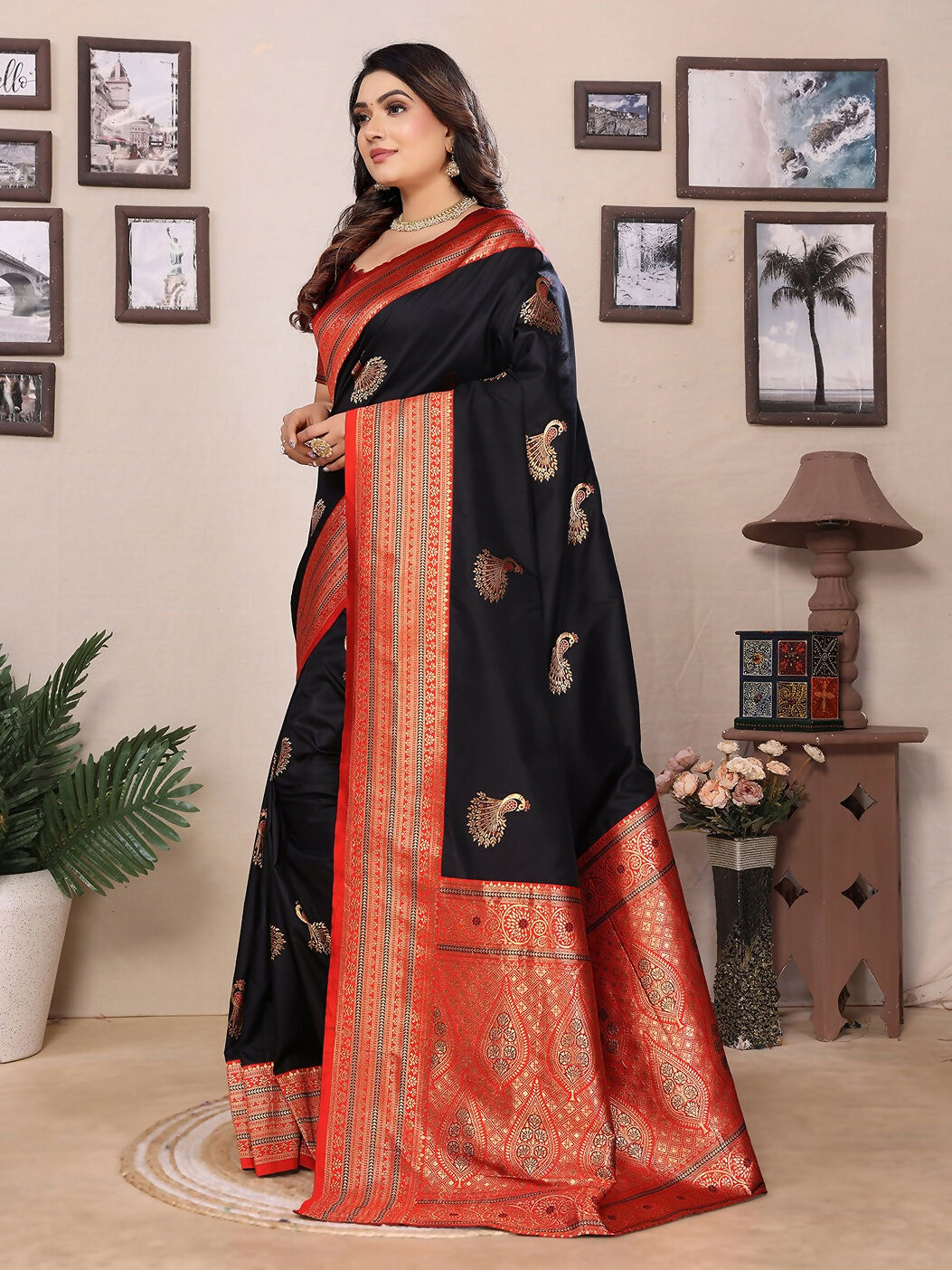 Joban Fashion Banarasi Black Small Butti Soft Silk Saree | Swadesiicart