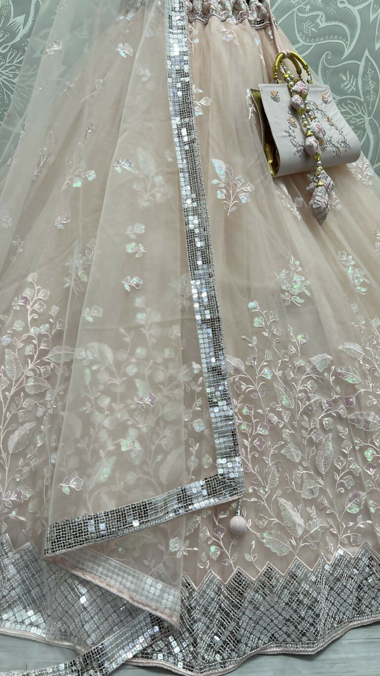 Jyoti Fashion Women's Peach Bridal Net Fancy Sequins with Multi Thread Embroidered Wedding Lehenga Choli | Swadesiicart